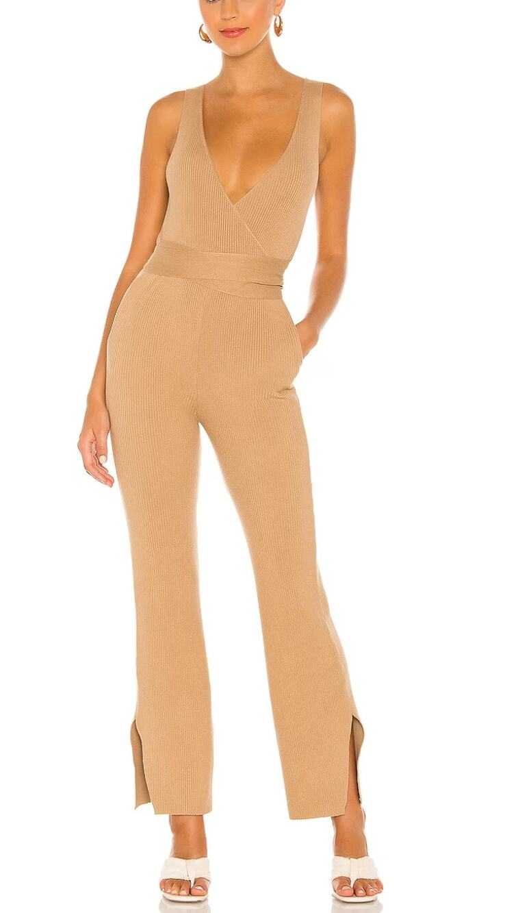 Majorelle Beige Jumpsuit XS Deep V Ribbed Knit Pockets Split Hem Boho $218 NEW